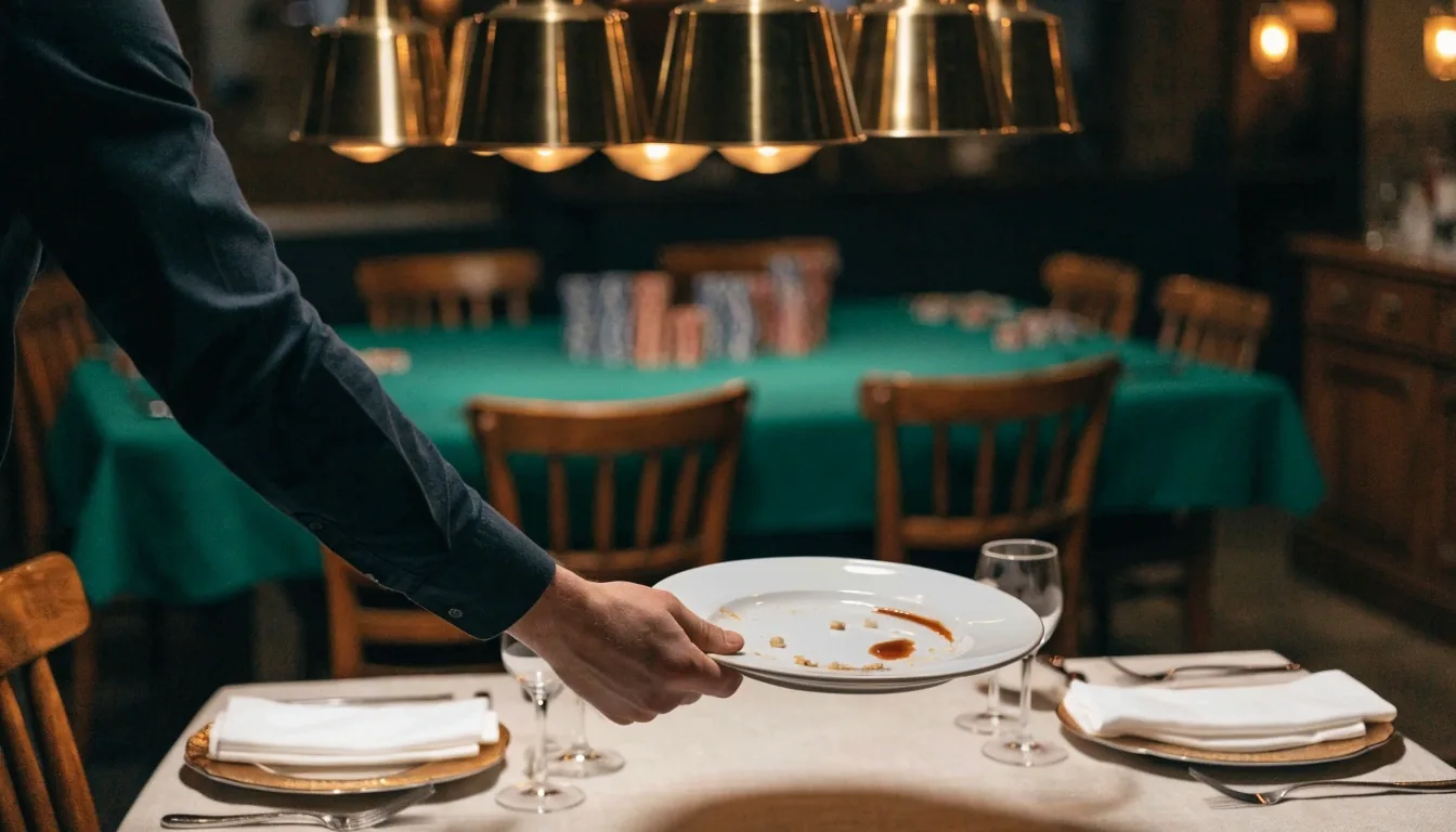 Wieczorne wnętrze restauracji z ciepłym światłem lamp i stołem do gry w tle