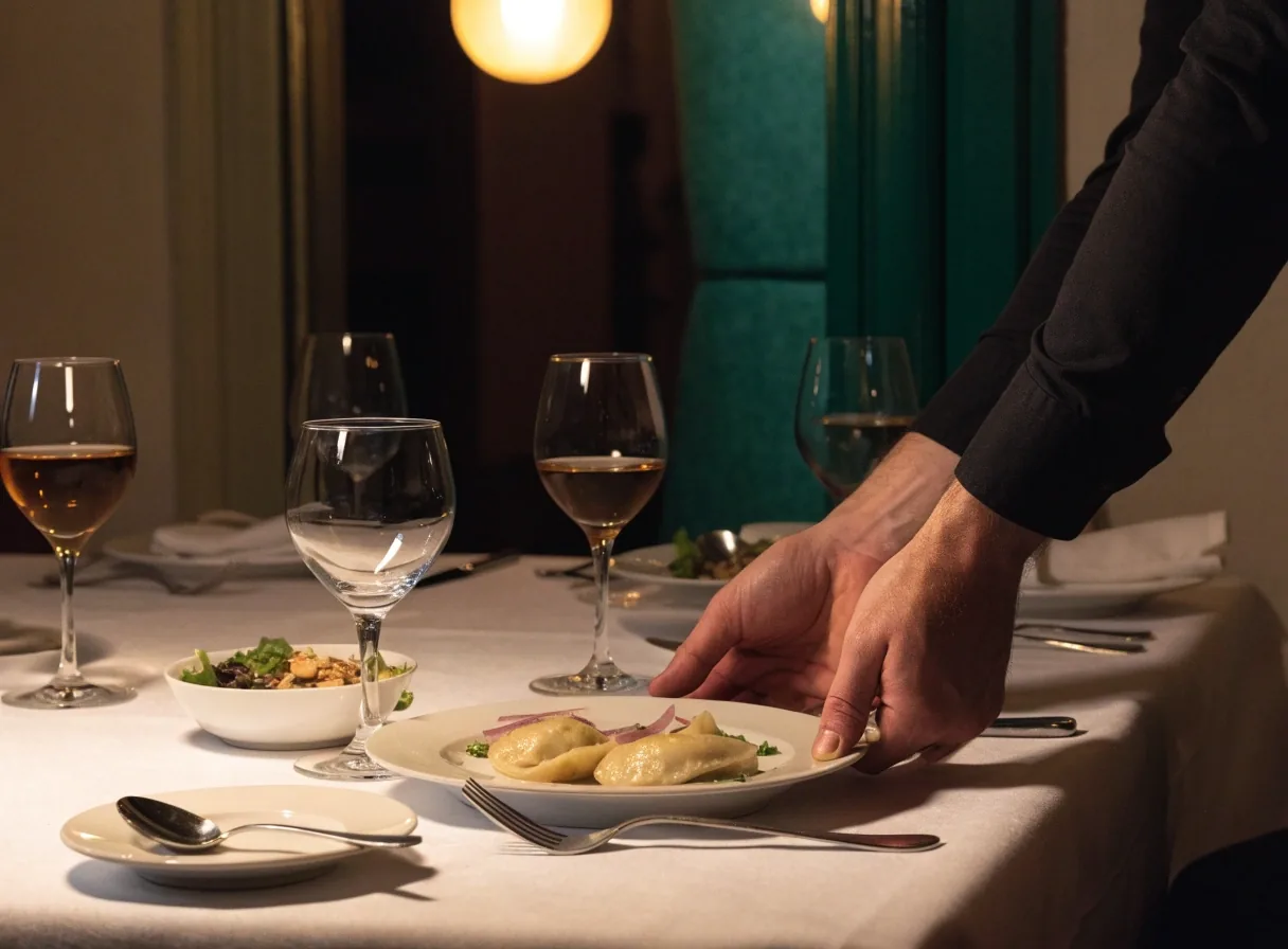 Nakryty stół w sali restauracyjnej Domu Smolna z daniami podanymi do wspólnego stołu
