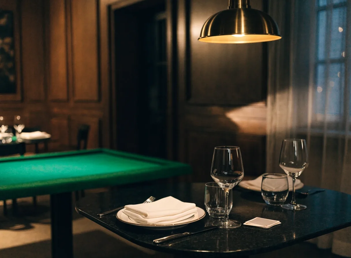 Wieczorne wnętrze Domu Smolna przy ul. Smolnej 47 — stolik restauracyjny i stół do gry w jednej sali