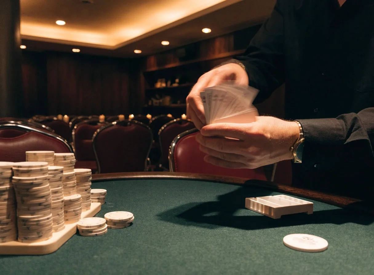 Ręce rozdającego karty nad sukiennym blatem stołu pokerowego z ułożonymi żetonami