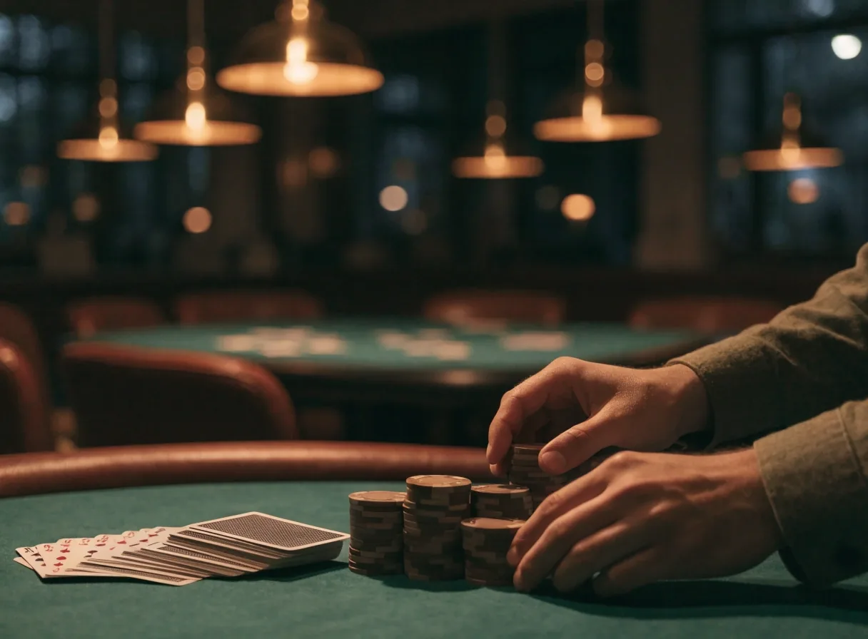 Sala z kilkoma stołami pokerowymi o zmroku, z żetonami i kartami na blatach