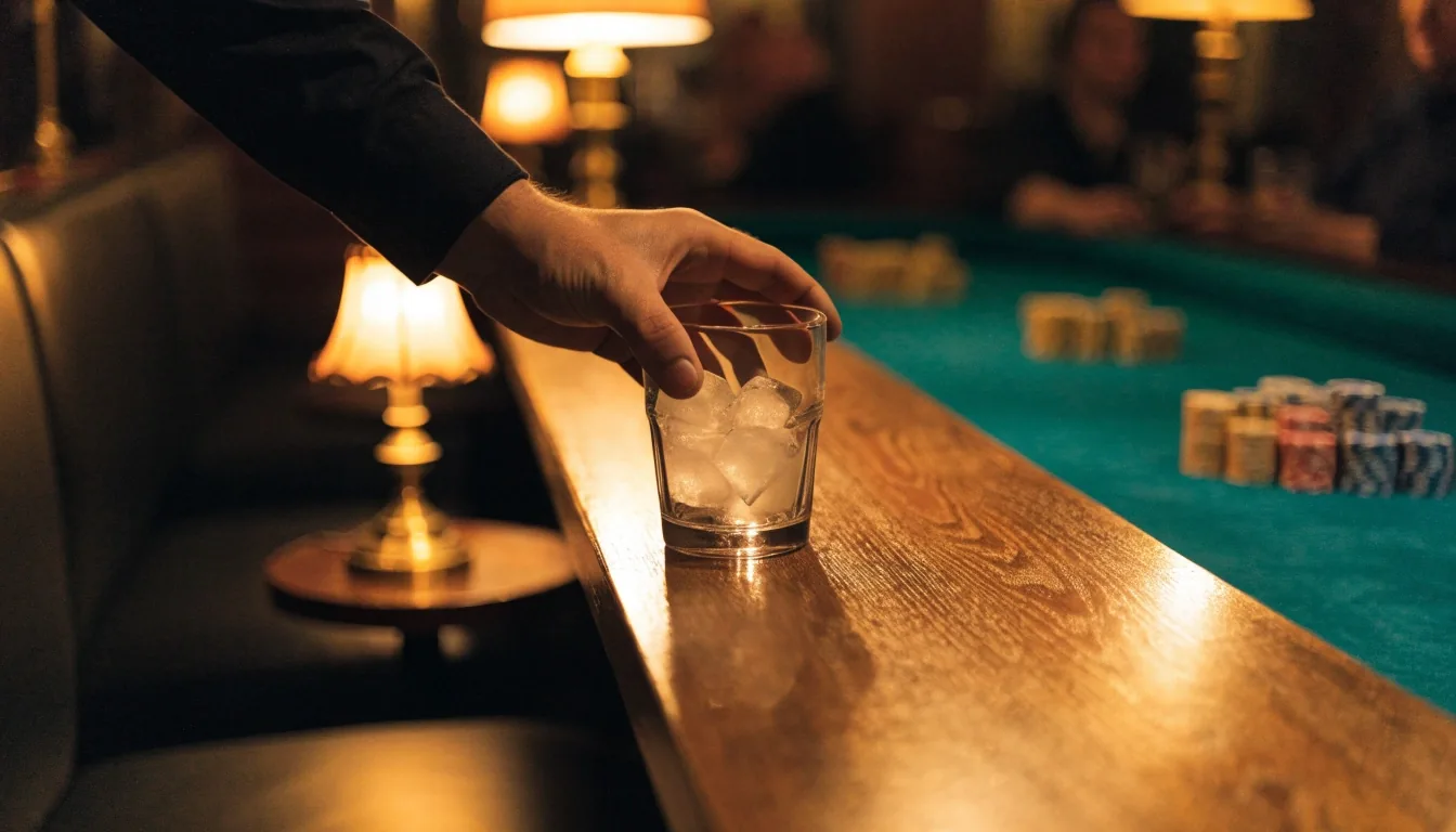 Kontuar restauracji przy strefie gry nocą, z ciepłym światłem nad blatem